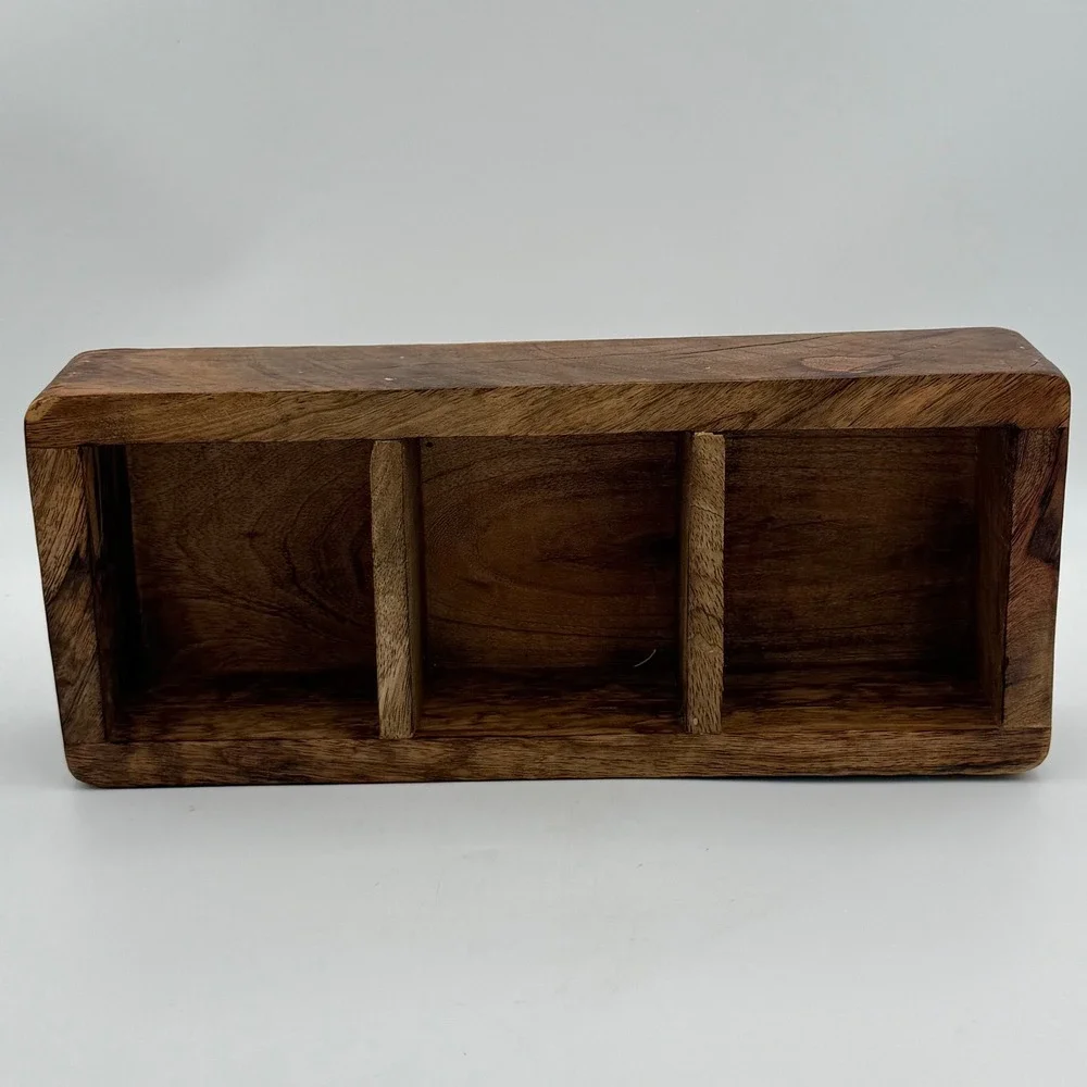 Hand Carved Wooden Triple Moon 3 Compartment Organizer Box Celestial Decor